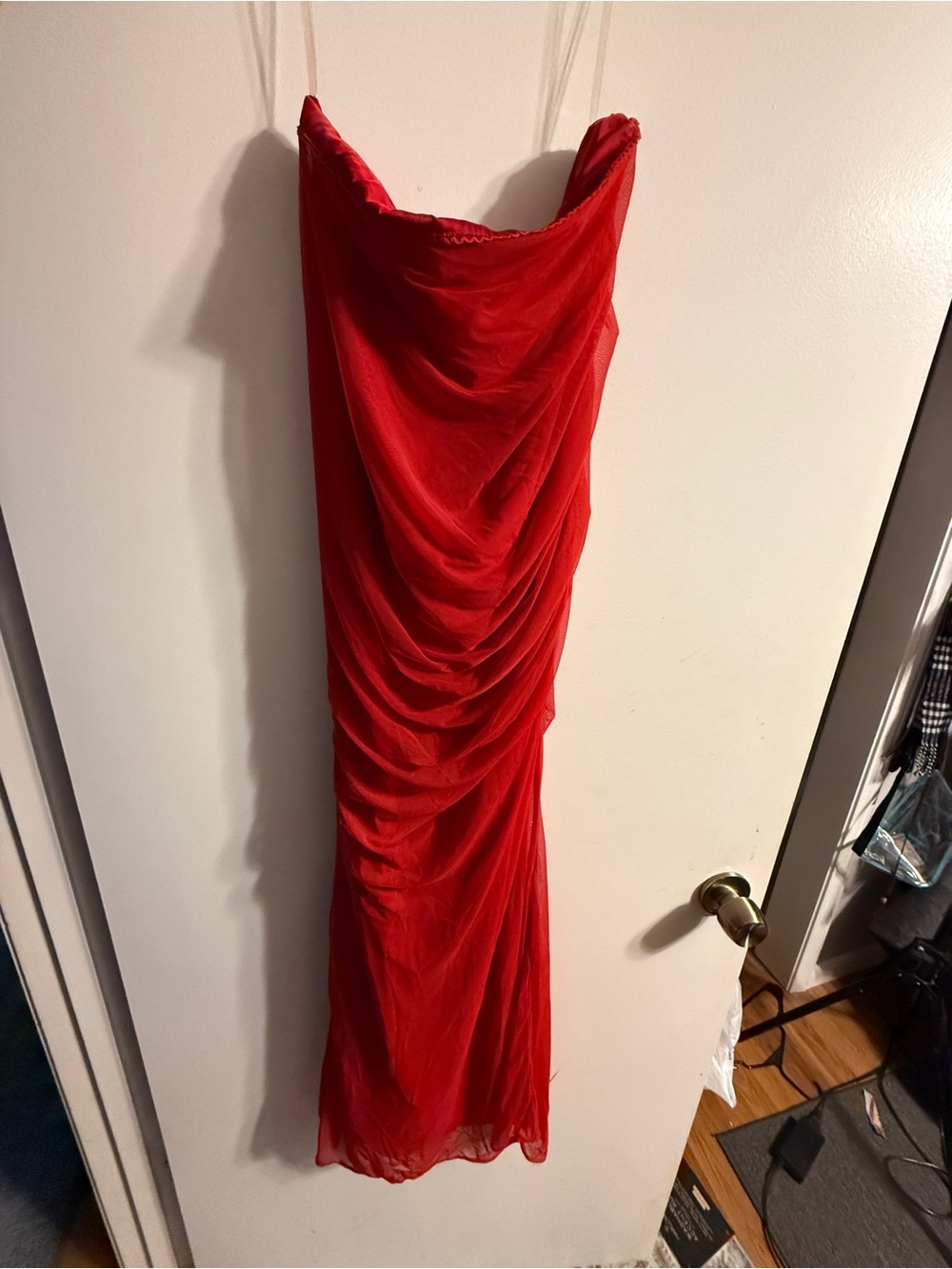 House of CB Red Strapless Draped Midi Dress